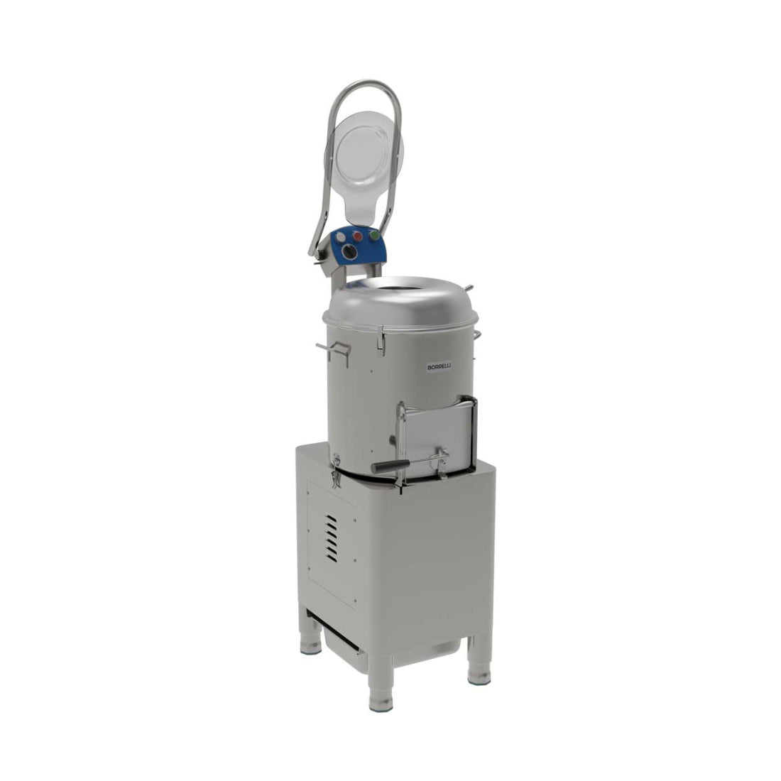 Angled view of Borrelli 20kg potato peeler, emphasizing its efficient peeling capacity.