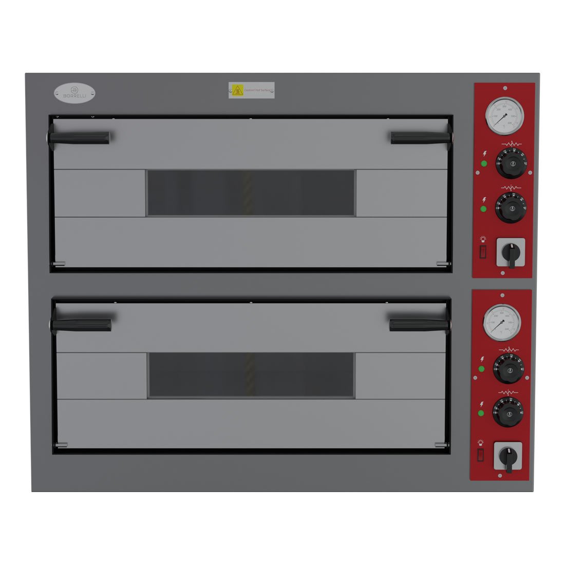 Front view of a closed Borrelli commercial twin deck pizza oven, highlighting the durable construction and independent deck controls for precision baking.