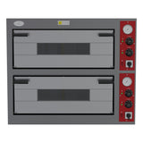 Front view of a closed Borrelli commercial twin deck pizza oven, highlighting the durable construction and independent deck controls for precision baking.