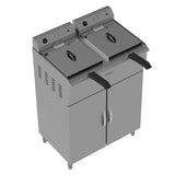 High-capacity Borrelli commercial free-standing twin tank fryer with 14-liter capacity, featuring left-side ventilation for efficient kitchen use.