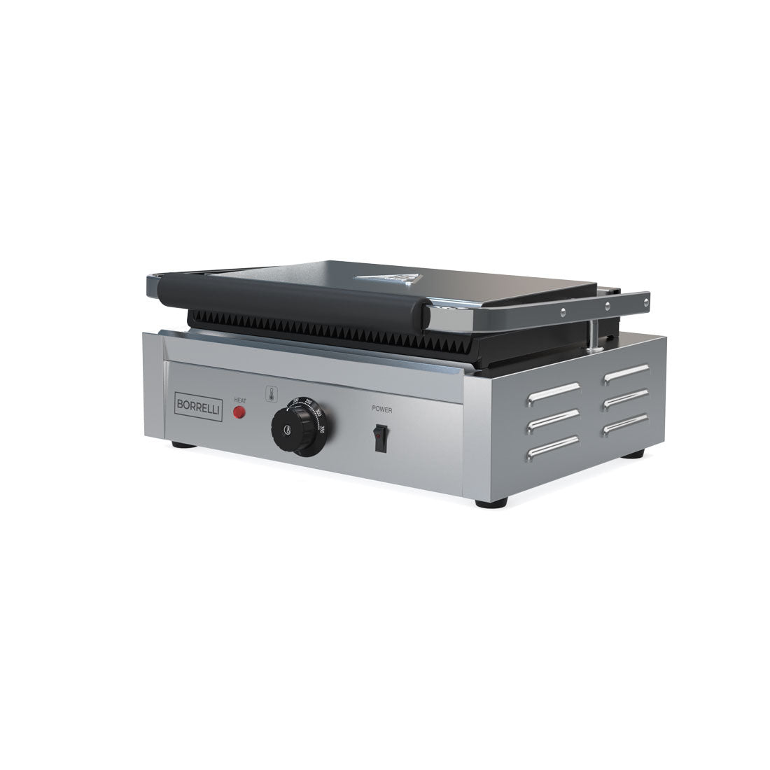 Side angle of Borrelli large contact grill highlighting the durable handle and robust design suitable for high-volume grilling.