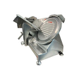 Professional 10-inch heavy-duty meat slicer by Borrelli, featuring a precision stainless steel blade for consistent cuts in commercial kitchens - angled view.