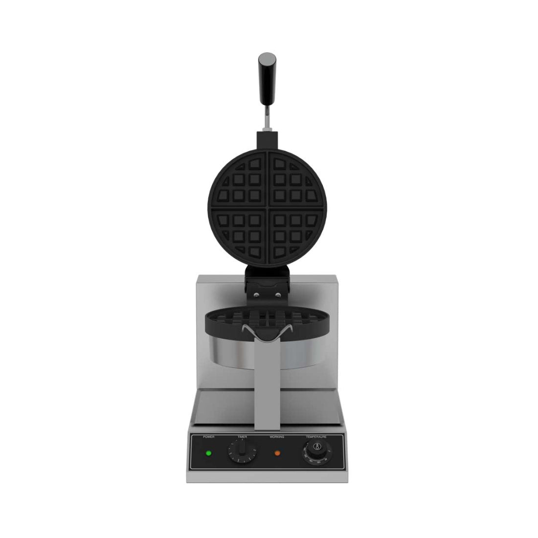 Professional single waffle iron open, ready for batter, ideal for quick service