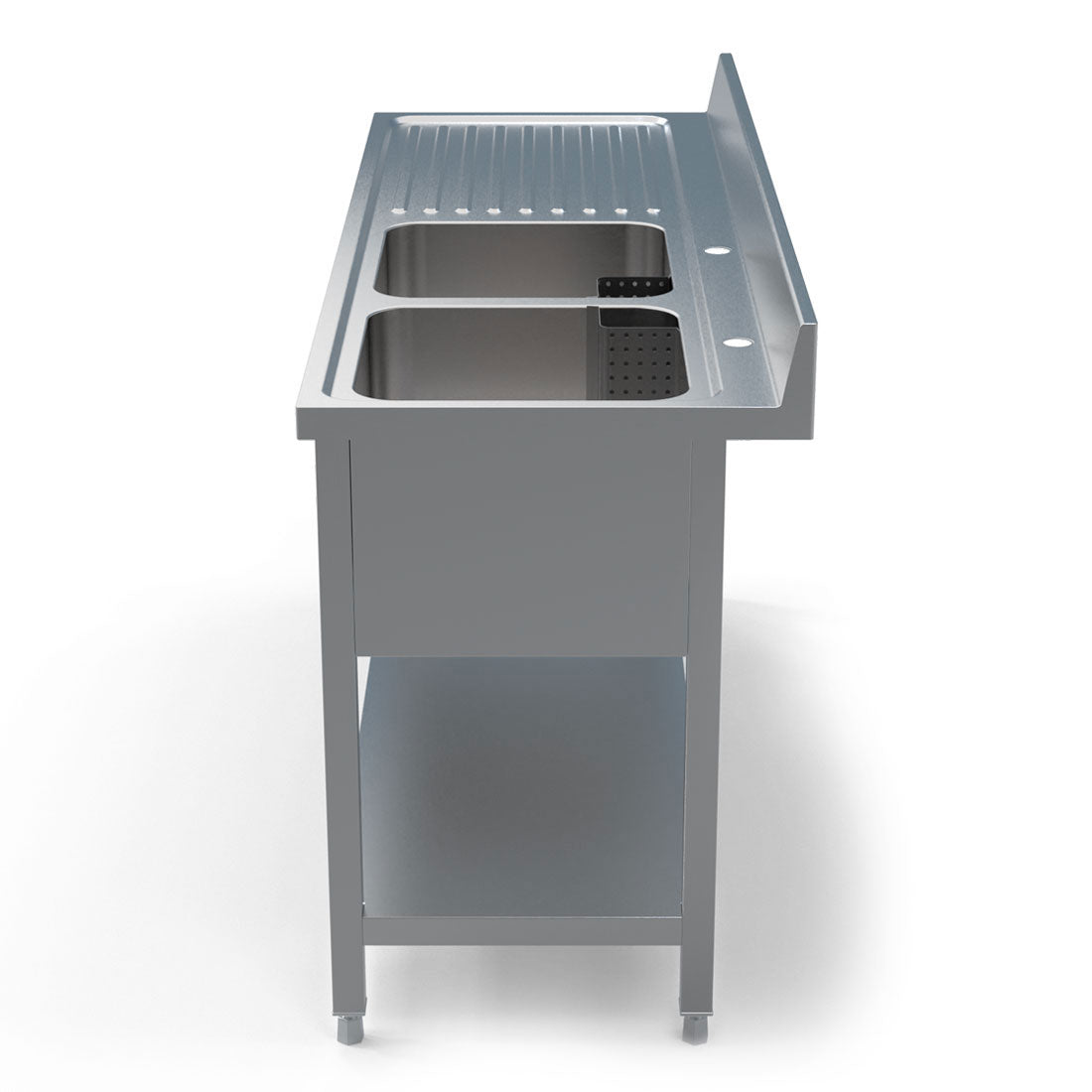 Stainless steel double bowl sink with a 1600mm width and left-hand drainer, featuring a robust design for commercial kitchen efficiency - side view.