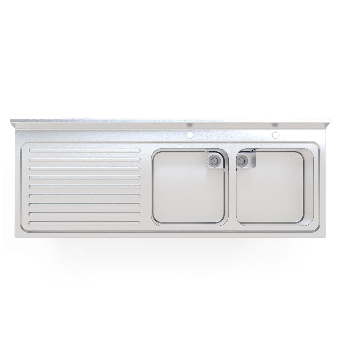 Top view of a spacious 1600mm stainless steel double sink with precision-engineered left-hand drainer, ideal for foodservice establishments.