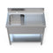 Front overhead perspective of a Borrelli stainless steel 1000mm single bowl sink with right-hand draining board, combining the frontal elevation with the top-down layout.