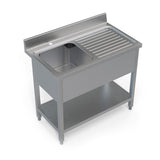 Left side angle view of a Borrelli stainless steel 1000mm single bowl sink with right-hand draining board, highlighting the profile and depth of the sink.
