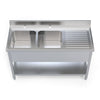 Front overhead perspective of a 1400mm Borrelli commercial double bowl sink, emphasizing the ergonomic design with a right hand draining board for kitchen efficiency.