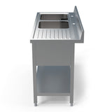 Side view of a Borrelli 1400mm commercial double bowl stainless steel sink with a right hand draining board, showcasing its sleek and functional design for efficient kitchen use.
