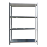 Optimize Your Storage Space with our 900mm Wide Stainless Steel Shelving Bay, Featuring 4 Solid Stainless Steel Shelves. Designed for use in commercial kitchens, medical facilities, and sensitive working areas where hygienic storage is crucial. Front_view.
