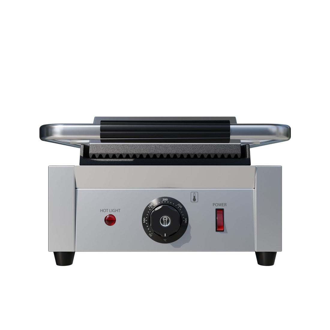 Elevate Your Grilling Capabilities with our High-Performance Contact Grill featuring a Ribbed Top and Flat Bottom – Perfect for Professional Kitchens.Front_view_lid_closed.