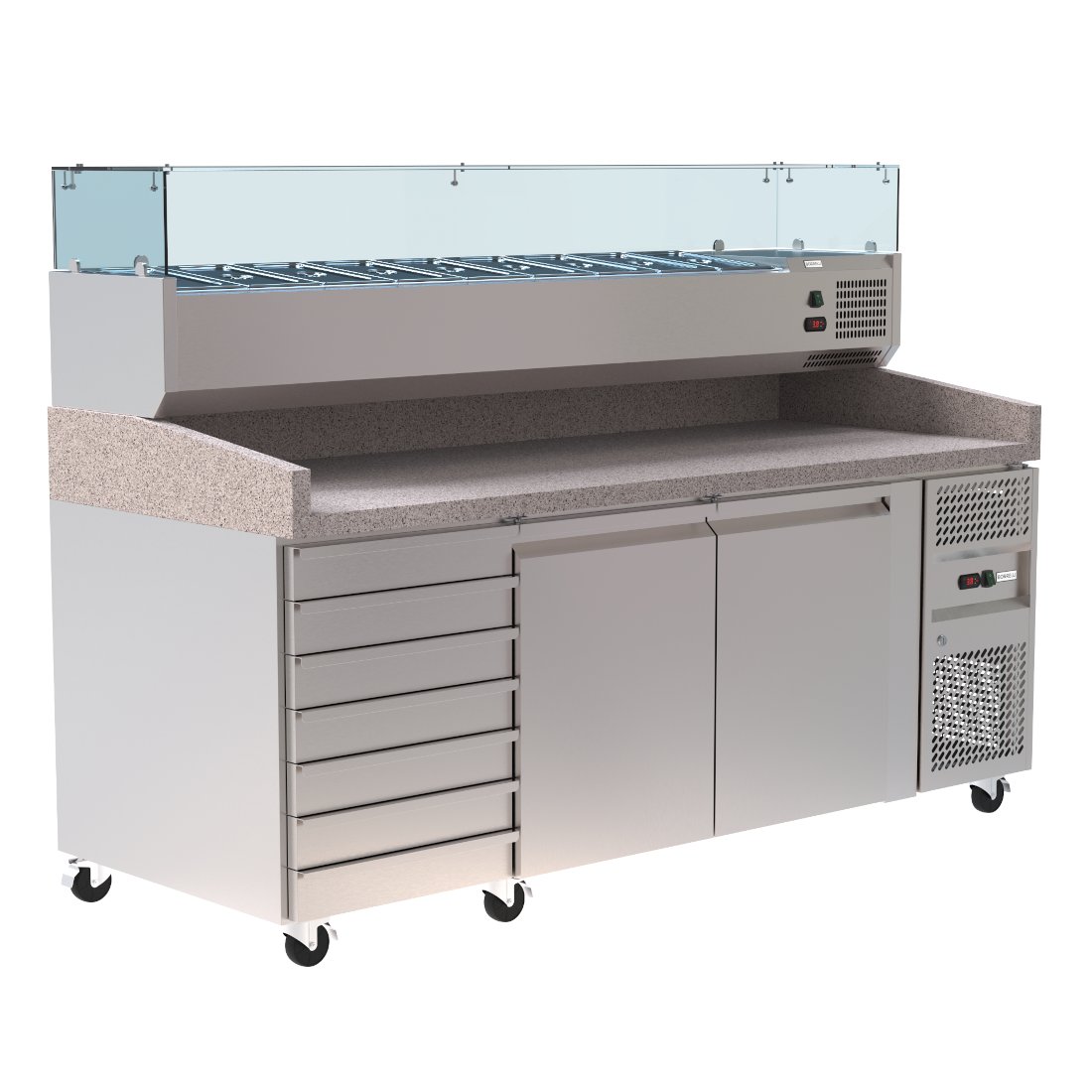 Spacious 428L Prep Fridge, Perfect for Busy Kitchen Environments. Versatile Interior Layout for Efficient Ingredient Organisation. Front Angle Image.
