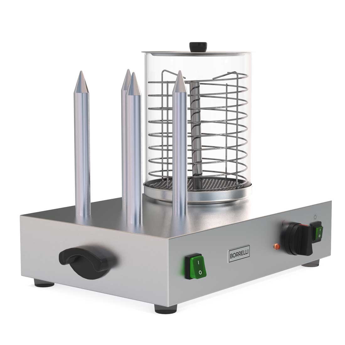Left-angle view of professional hot dog steamer with four metallic bun warming spikes and adjustable temperature control, perfect for concession stands and snack bars.