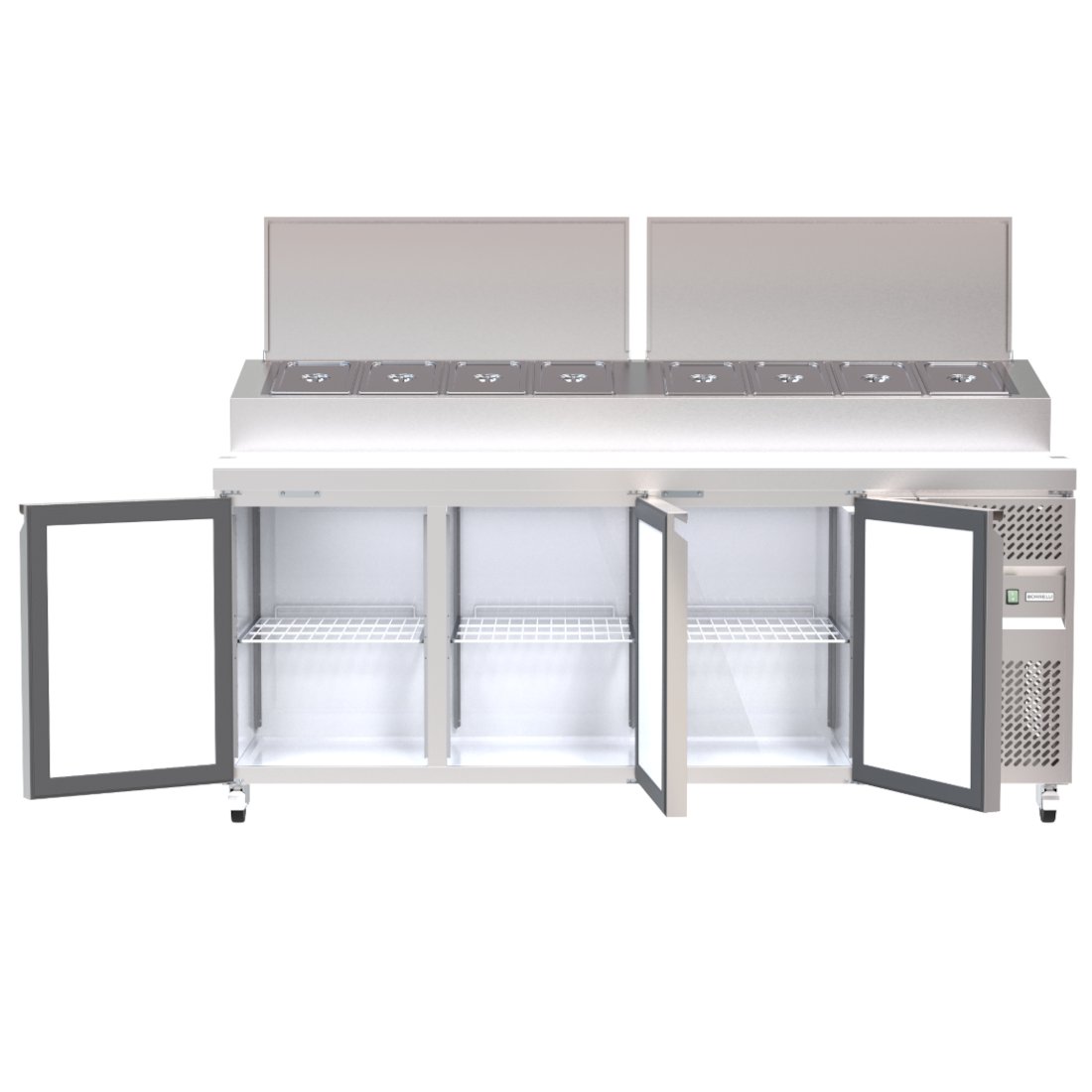 Spacious 560L Prep Fridge, Ideal for Busy Kitchen Environments. Versatile Interior Layout for Efficient Ingredient Organisation. Front Door Opening Image.