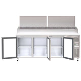 Spacious 560L Prep Fridge, Ideal for Busy Kitchen Environments. Versatile Interior Layout for Efficient Ingredient Organisation. Front Door Opening Image.