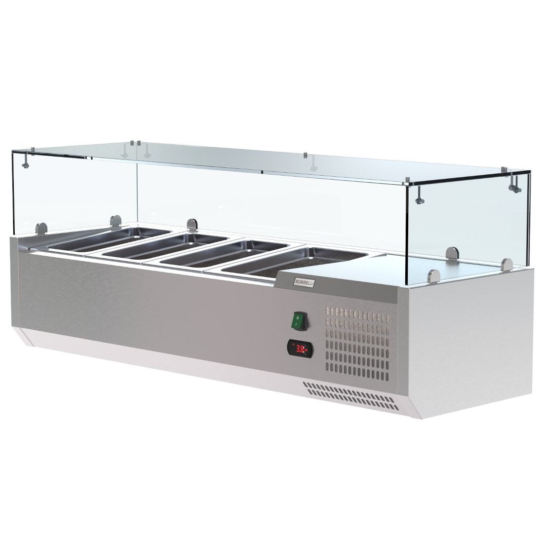 Upgrade Your Food Preparation Area with our Professional VRX Glass Servery - 1200mm x 380mm Counter Top Prep Fridge. This commercial-grade prep fridge is meticulously designed for professional kitchens.Angle_view_no_pans.
