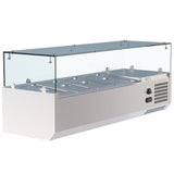 Upgrade Your Food Preparation Area with our Professional VRX Glass Servery - 1200mm x 380mm Counter Top Prep Fridge. This commercial-grade prep fridge is meticulously designed for professional kitchens.With_pans_angle_view.