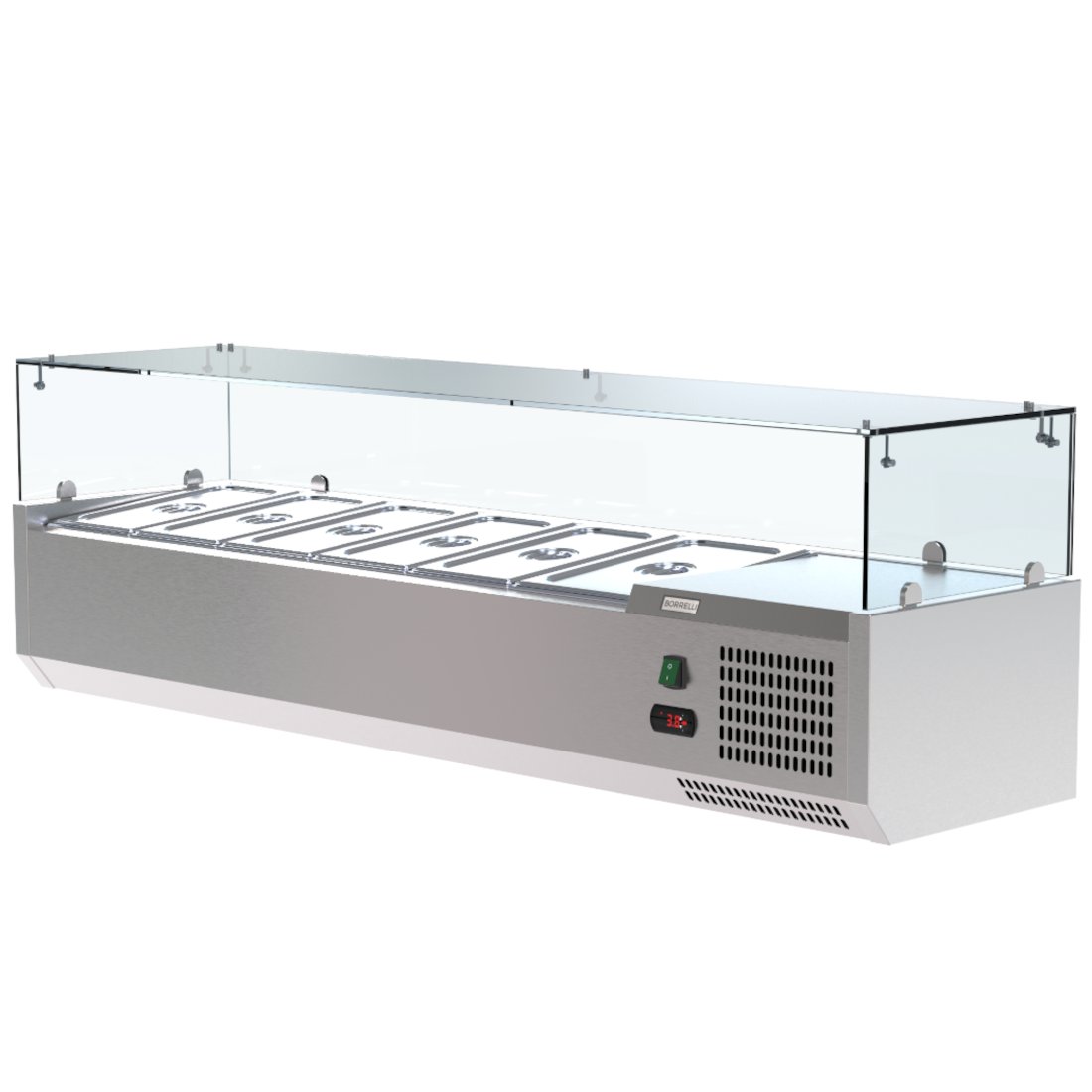 Upgrade Your Food Preparation Area with our Professional VRX Glass Servery - 1500mm x 380mm Counter Top Prep Fridge. This commercial-grade prep fridge is meticulously designed for professional kitchens.Angle-View_with Pans.
