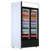 Experience Efficiency with our 1000-Litre Display Fridge, equipped with Sliding Doors for Commercial Use . Angled view.