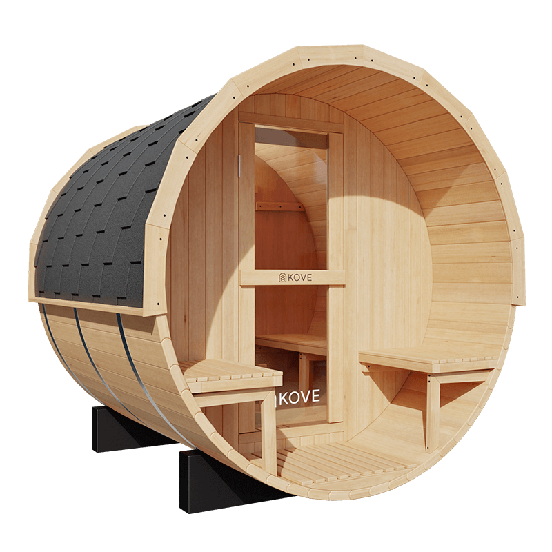 KOVE Outdoor Barrel Sauna – 3–4 Person Garden Sauna with 6kW Harvia Electric Heater
