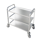 Enhance Your Service Efficiency with our 3-Tier Stainless Steel Dining/Clearing Trolley. Crafted for durability and versatility, this trolley is designed for use in restaurants, hotels, and catering services. Angle_view.