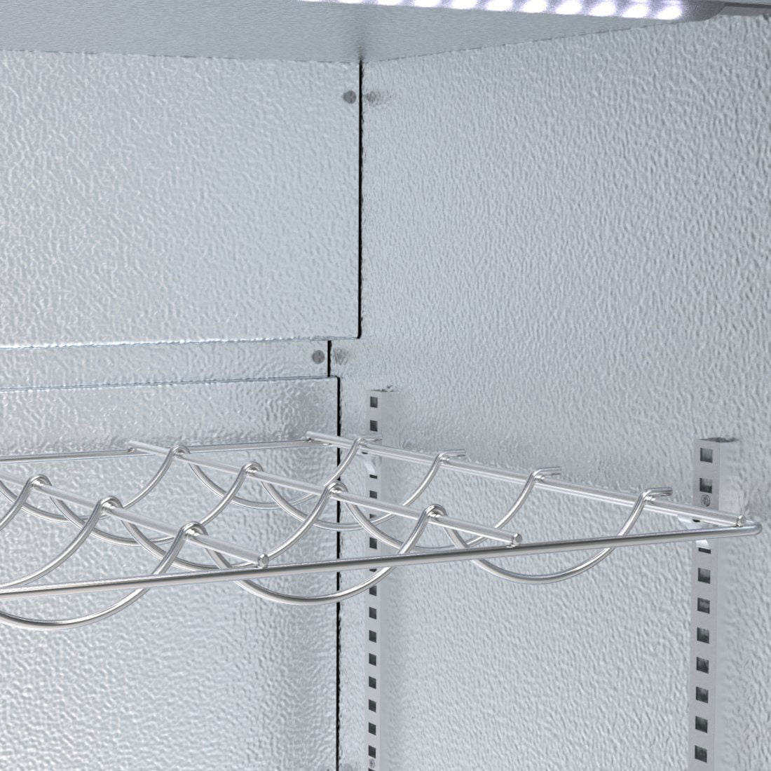 Interior view of Borrelli 320L undercounter bar fridge with empty wire wine racks and LED lighting, perfect for commercial bars.