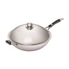 Elegant Borrelli induction wok pan with stainless steel finish and ergonomic handle, complete with tempered glass lid, ideal for stir-frying and sautéing on modern induction cooktops.