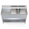 Front view of Borrelli Stainless Steel Double Bowl Sink 1400mm with Left Hand Drainer, featuring a sleek and durable design for high-use commercial kitchens