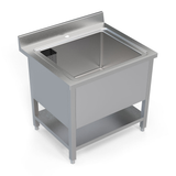 Angle view of Borrelli 800mm pot wash sink showcasing the deep single bowl design and pre-drilled faucet hole for easy installation.