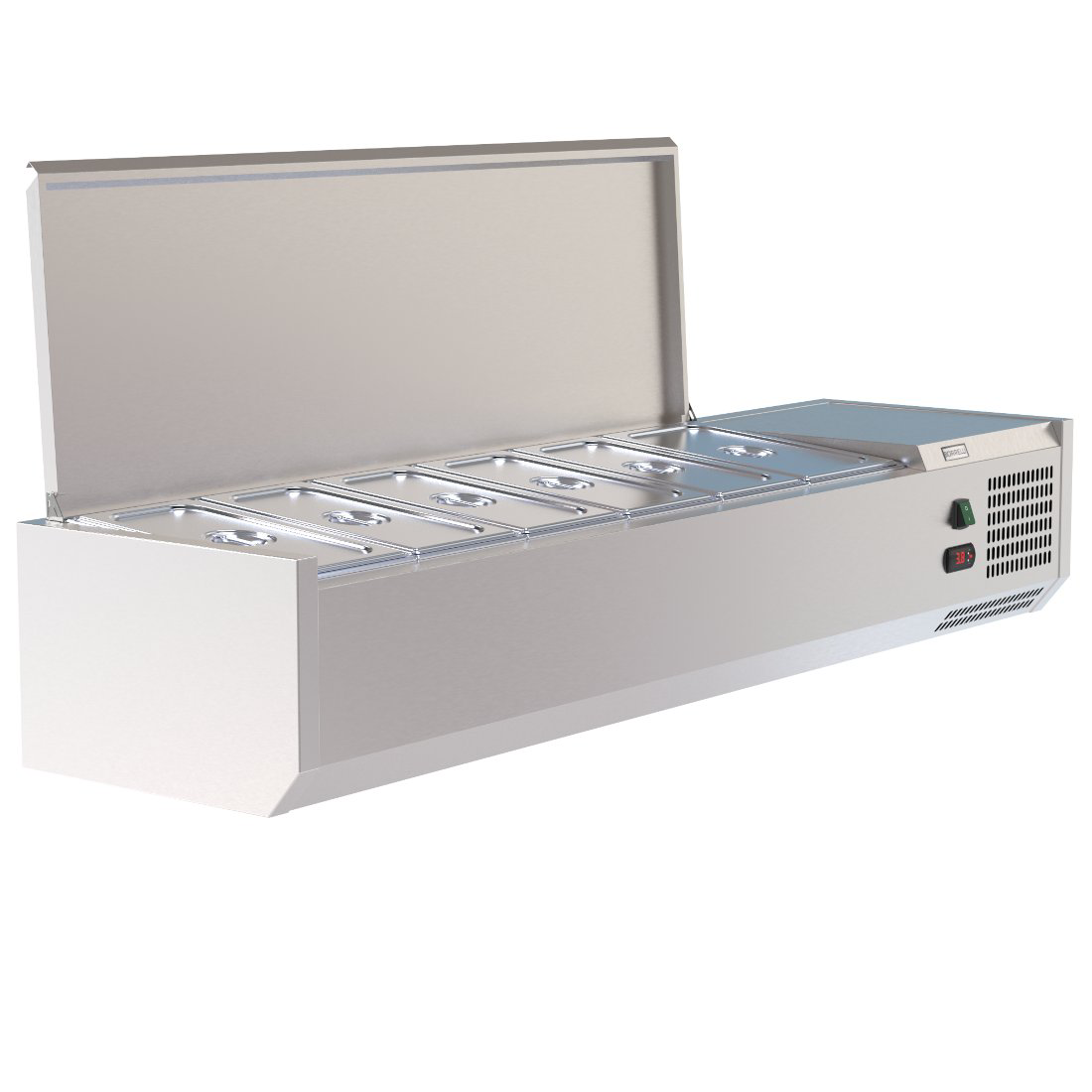 Angled open view of Borrelli 1500mm Prep Fridge Servery, emphasizing easy access to chilled ingredients with a protective stainless steel lid for food safety.