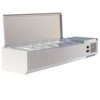 Angled open view of Borrelli 1500mm Prep Fridge Servery, emphasizing easy access to chilled ingredients with a protective stainless steel lid for food safety.