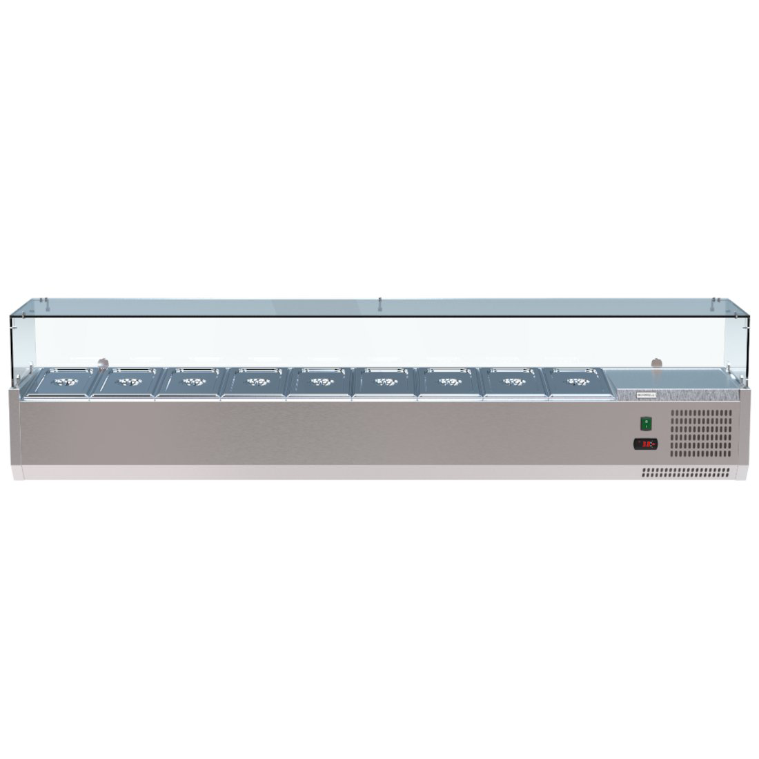 Borrelli Glass Servery Counter Top Prep Fridge 2000mm, showcasing an array of food compartments, perfect for sandwich and salad display in commercial kitchens and delis.