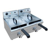 Twin Tank 10L Electric Deep Fryer, Perfect for Commercial Kitchens. Efficient Heating Elements Ensure Fast and Even Cooking. Adjustable Temperature Control for Precise Frying. Front Angle Image.