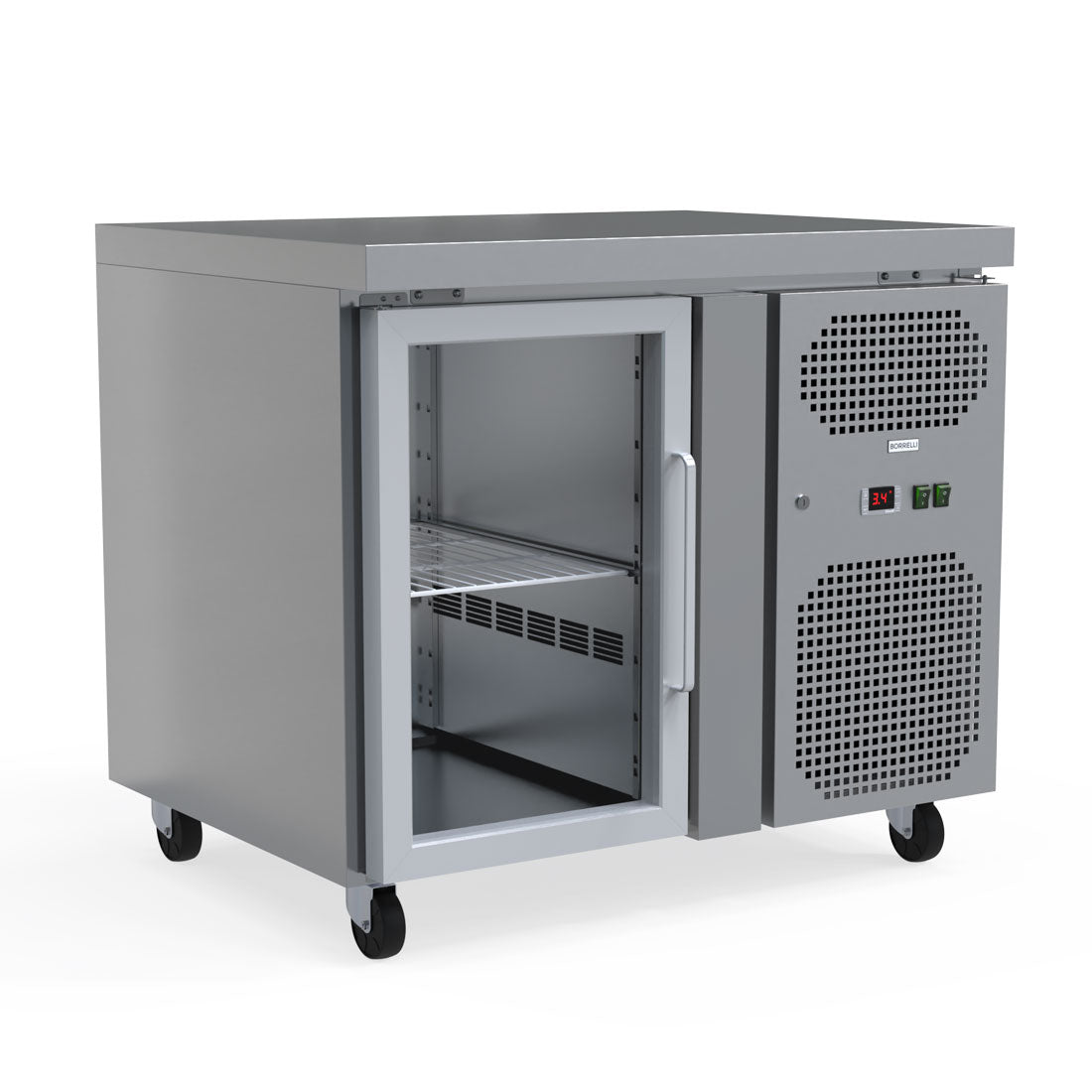 Compact And Sleek 115L Commercial Counter Fridge, Ideal For Cafes And Small Eateries. Efficiently Stores Perishables While Saving Space. Front Angle Image.