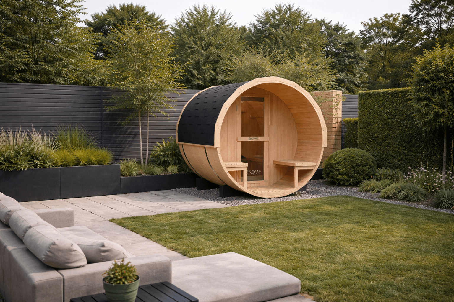 KOVE Outdoor Barrel Sauna – 1–2 Person Garden Sauna with 4.5kW Harvia Electric Heater