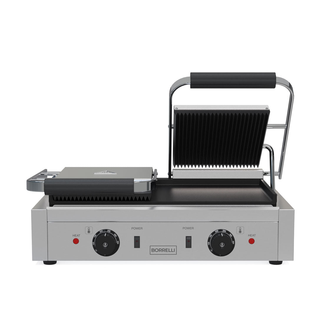 Transform Your Kitchen Operations with the Borrelli Versatile Twin Contact Grill featuring a Ribbed Top and Flat Bottom – An Essential for Every Professional Kitchen.open_front_