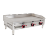 Stainless steel griddle with three control knobs on a white background