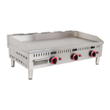 Stainless steel griddle with three control knobs on a white background