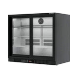 Borrelli BC-210S commercial bar fridge, empty interior with textured stainless finish and adjustable shelves behind double sliding glass doors