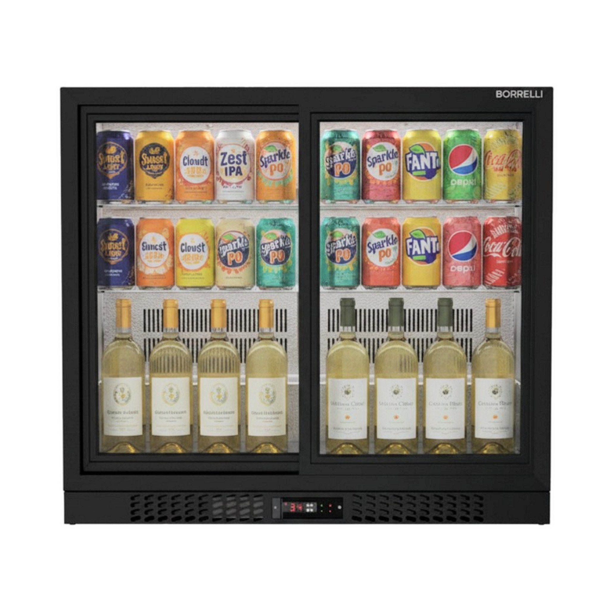 Borrelli BC-210S commercial bar fridge, front view, double sliding glass doors stocked with cans, bottles and wines