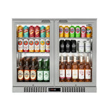 Borrelli 210 deluxe stainless steel commercial bar fridge, front view, double sliding glass doors with mirror-finish interior, stocked with cans, bottles and wines