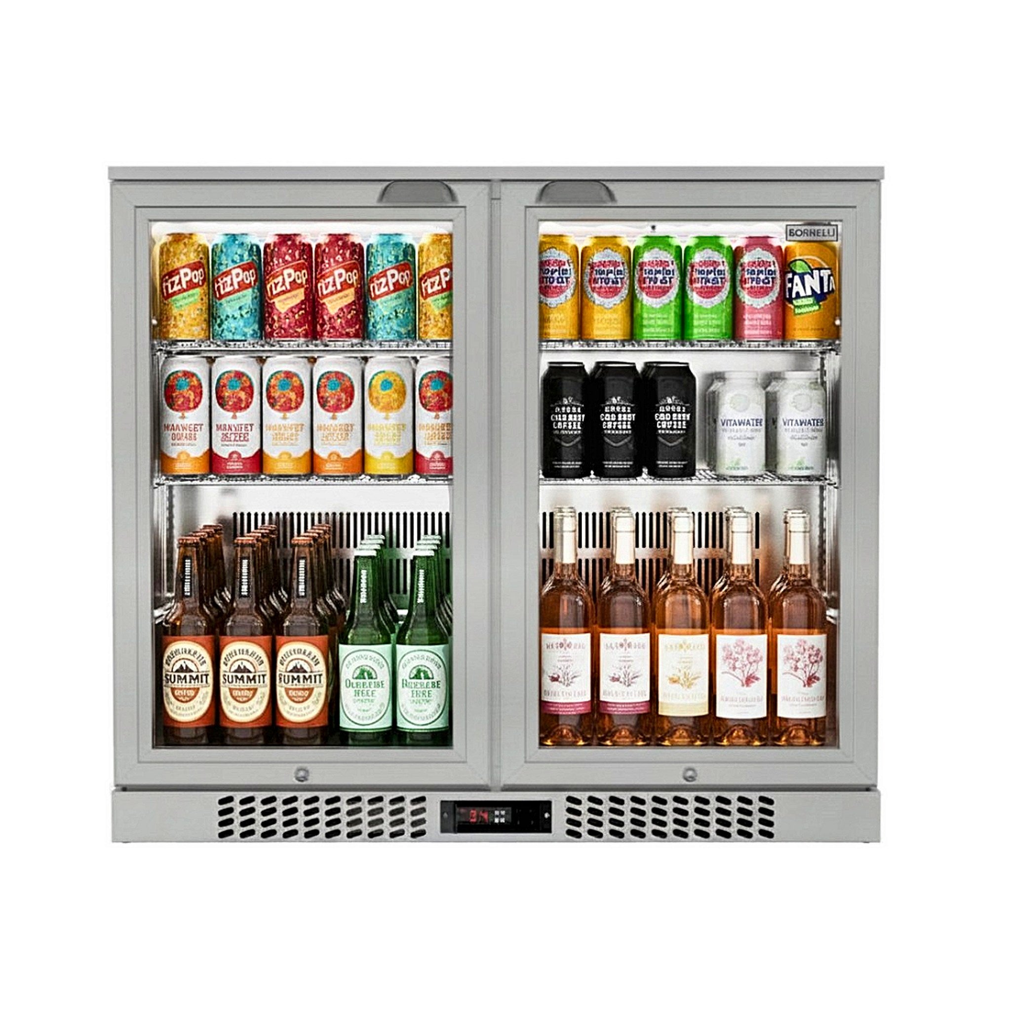 Borrelli 210 deluxe stainless steel commercial bar fridge, front view, double sliding glass doors with mirror-finish interior, stocked with cans, bottles and wines