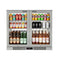 Borrelli 210 deluxe stainless steel commercial bar fridge, front view, double sliding glass doors with mirror-finish interior, stocked with cans, bottles and wines