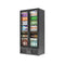 Borrelli 510U black double hinged glass door upright bar fridge, three-quarter angle view, stocked with drinks