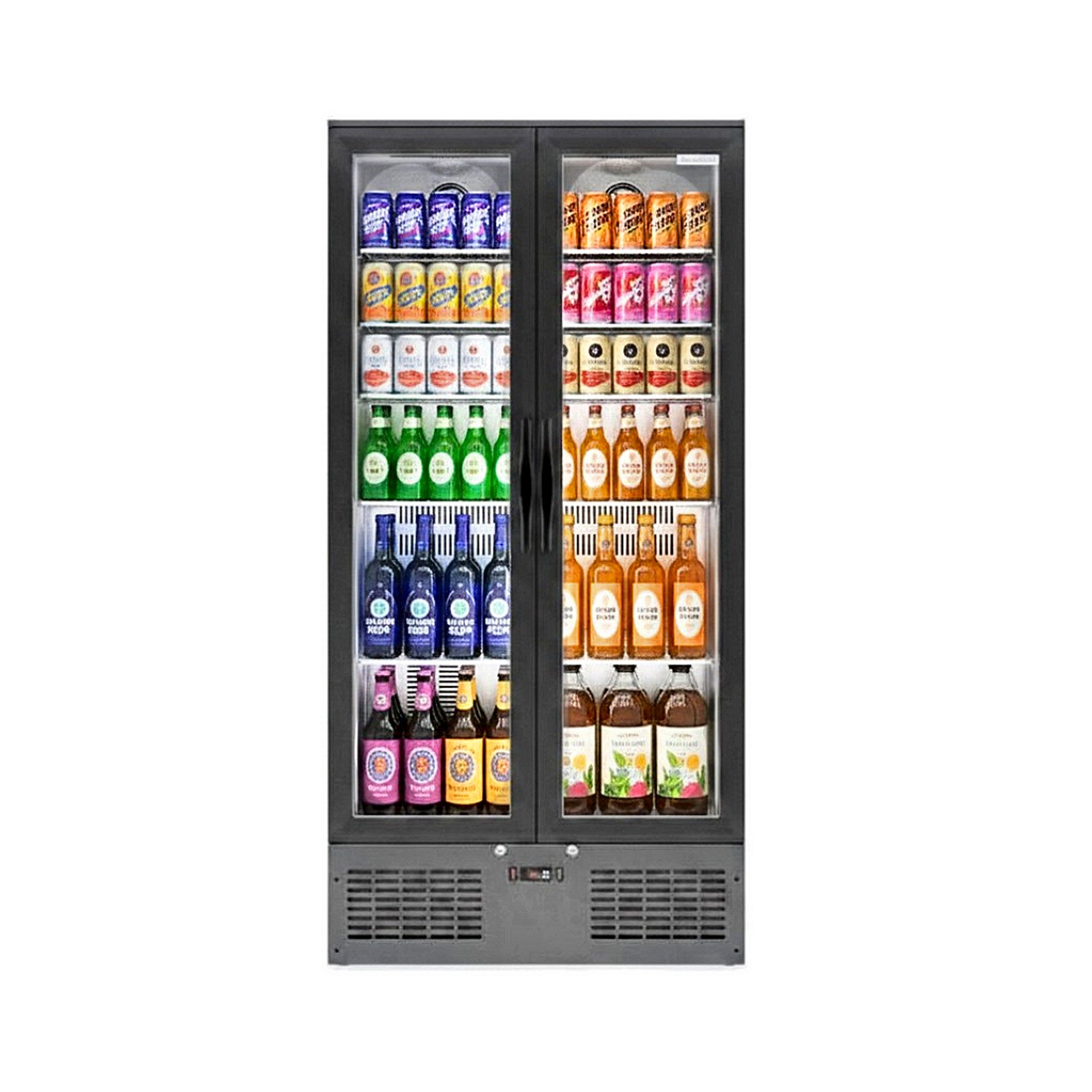 Borrelli 510U black double hinged glass door upright bar fridge, front view, stocked with cans, bottles and beers