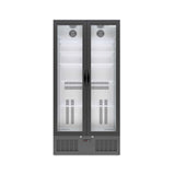Borrelli 510U black upright bar fridge, empty interior with adjustable shelves behind double hinged glass doors