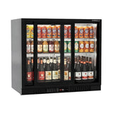 Borrelli 210 matt black undercounter bar fridge, three-quarter angle view, sliding glass doors stocked with drinks