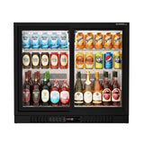 Borrelli 210 matt black undercounter bar fridge, front view, double sliding glass doors stocked with cans, bottles and wines