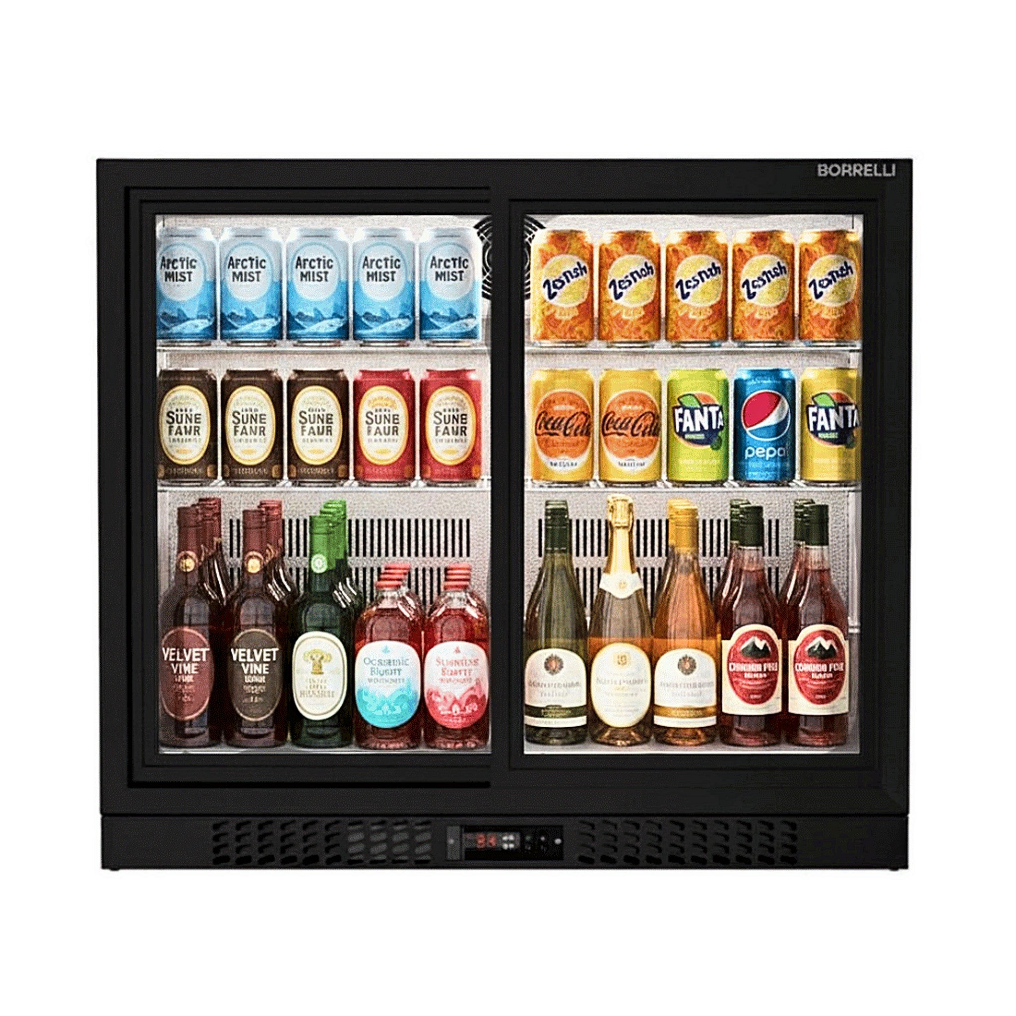 Borrelli 210 matt black undercounter bar fridge, front view, double sliding glass doors stocked with cans, bottles and wines