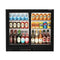 Borrelli 210 matt black undercounter bar fridge, front view, double sliding glass doors stocked with cans, bottles and wines
